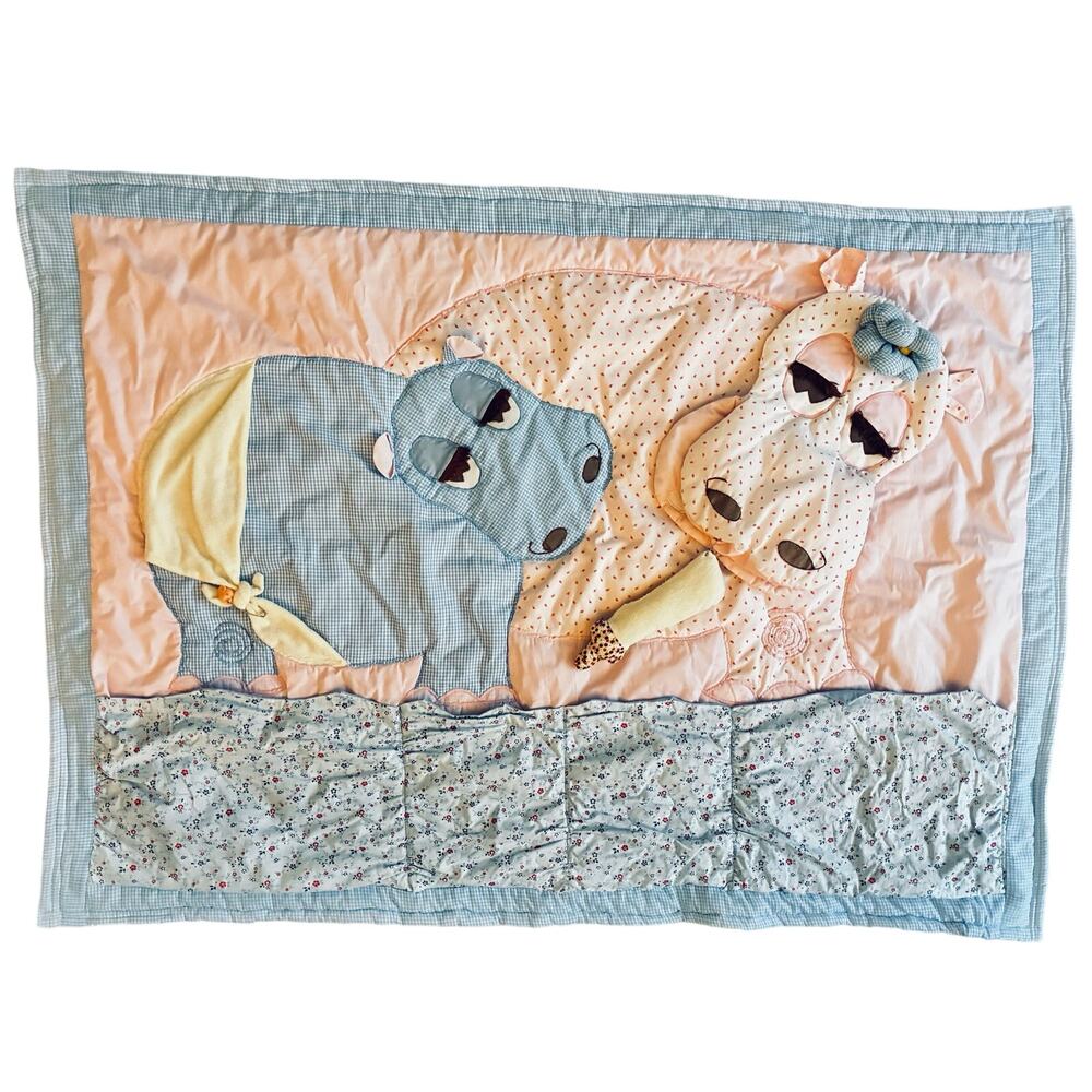 Vintage Baby Quilt Rhino Mom and Baby Blue and Pink